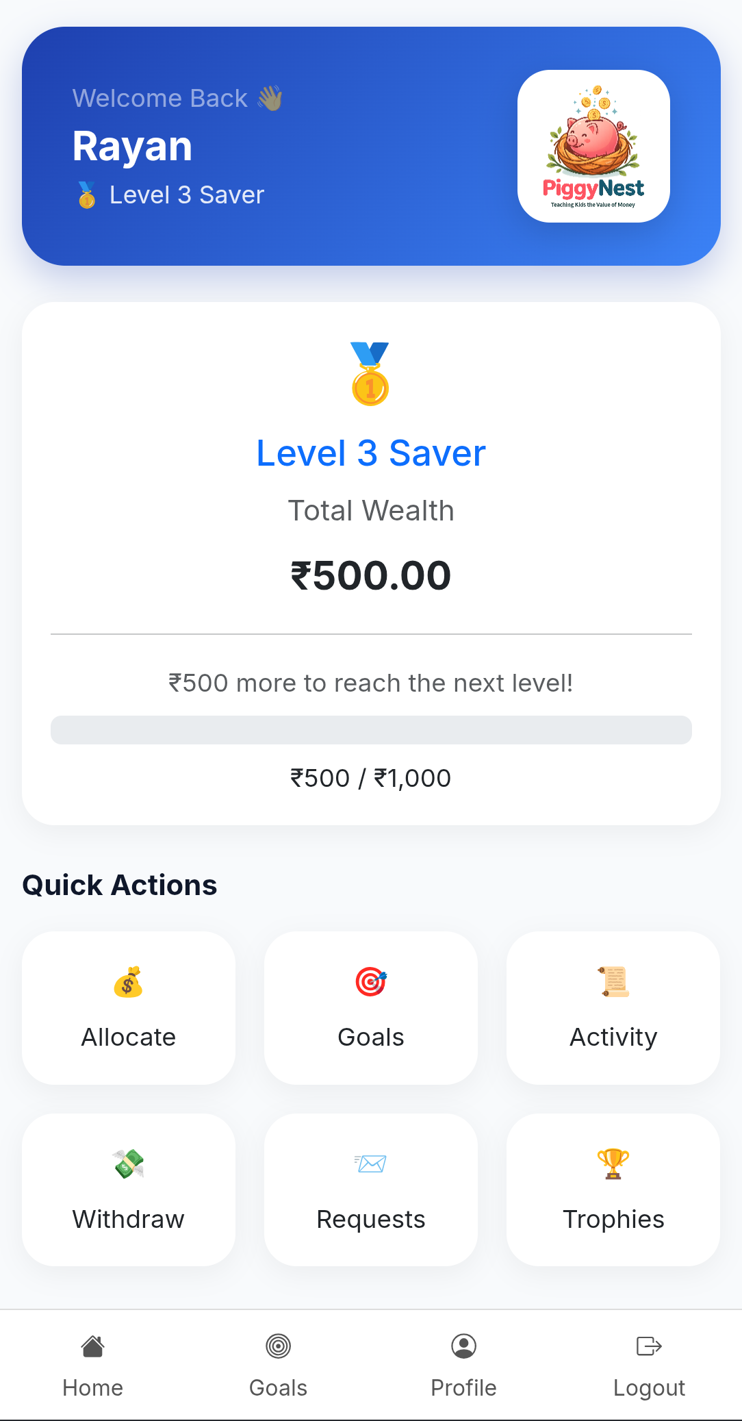 PiggyNest pocket money and savings dashboard