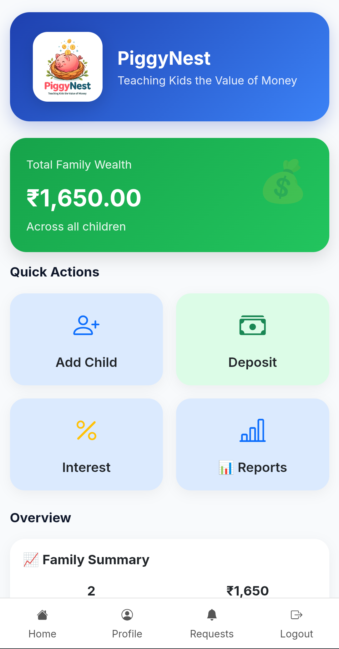 PiggyNest child profile and achievements screen
